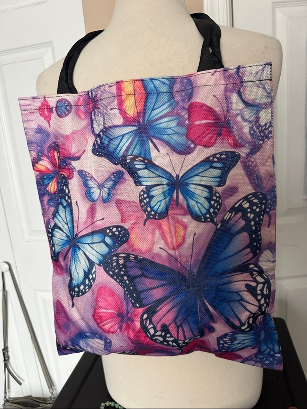 Butterfly Print Tote Bag - Pink & Blue